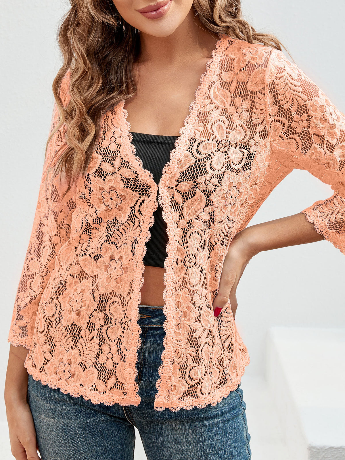 Helvano | Damen Strickjacke mit Blumen-Lochmuster