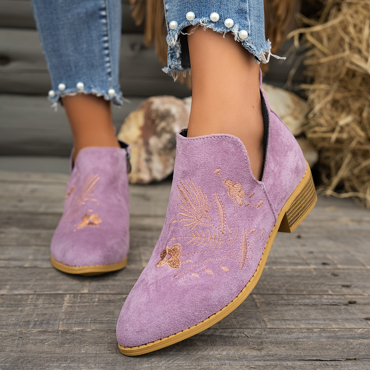 Helvano | Bestickte Stiefeletten mit niedrigem Absatz für Damen