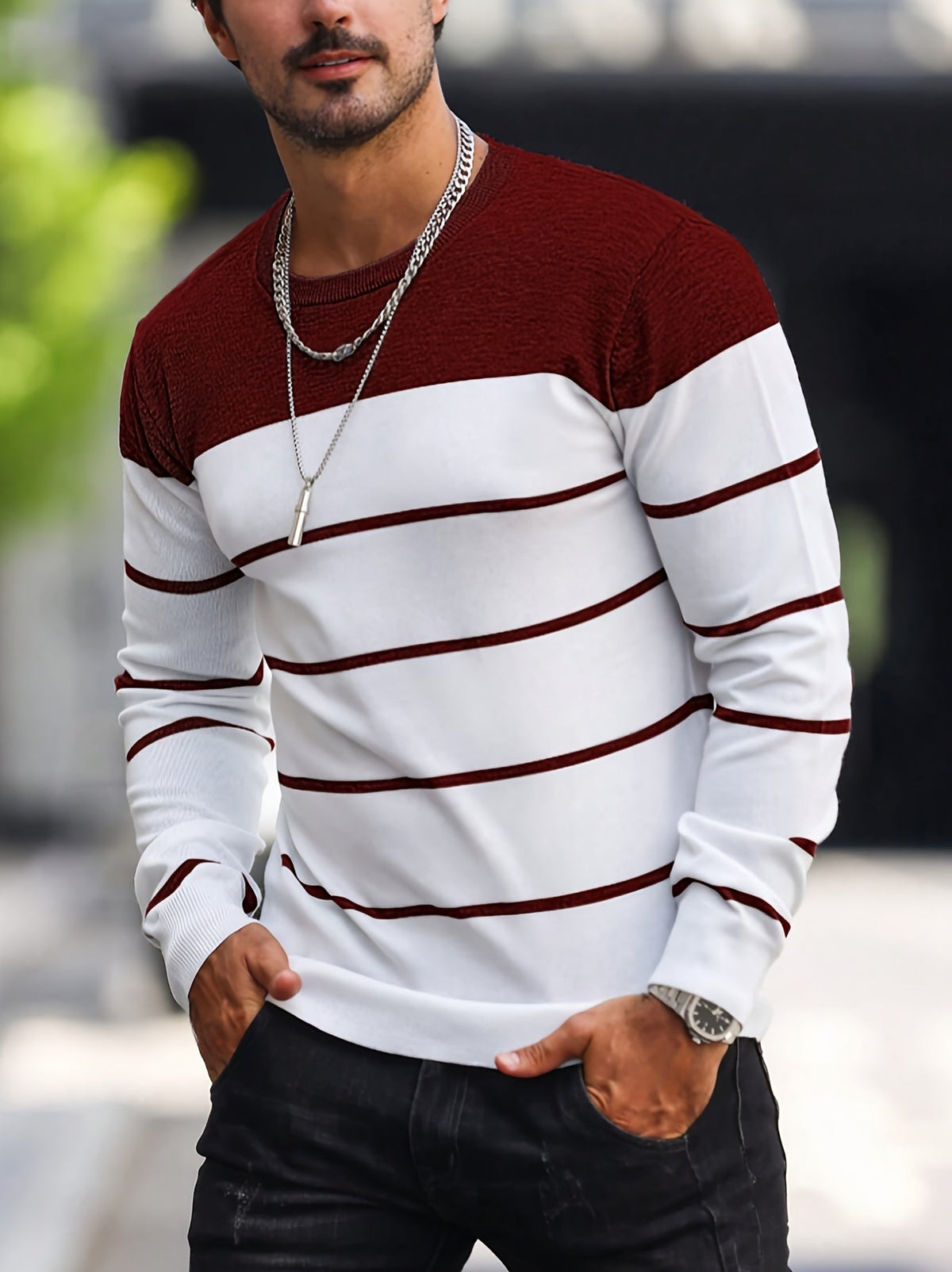 Helvano | Gestreifter Strickpullover mit Rundhals für Herren
