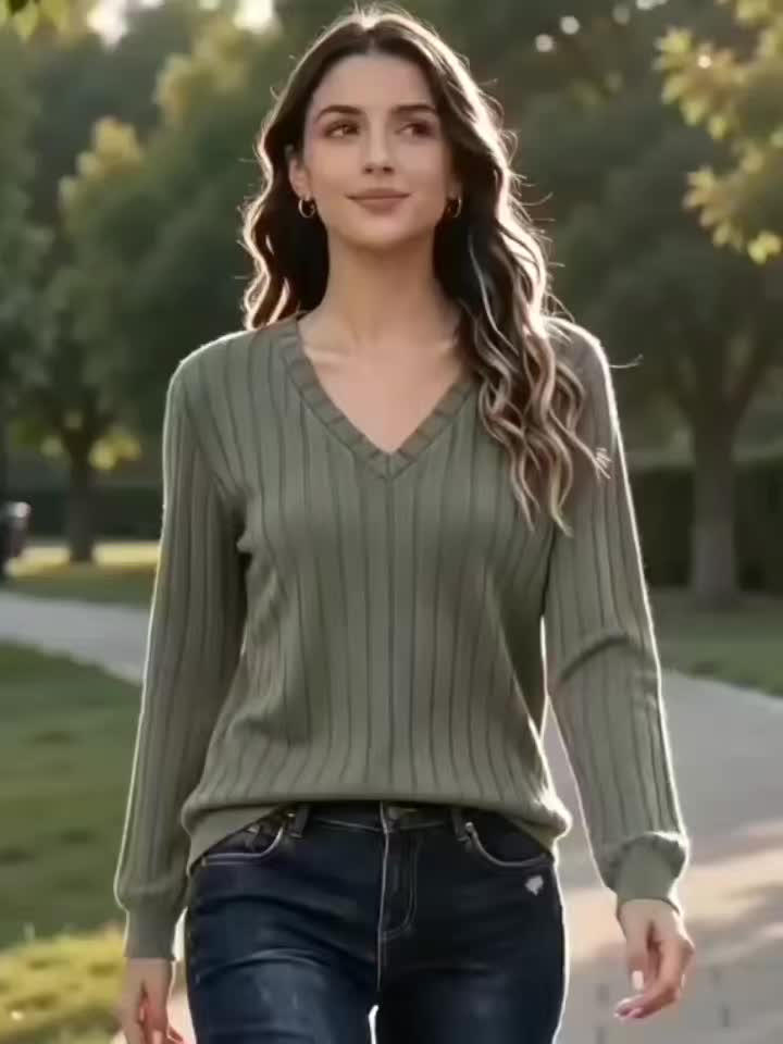 Helvano | Geripptes Feinstrickpullover mit V-Ausschnitt für Damen