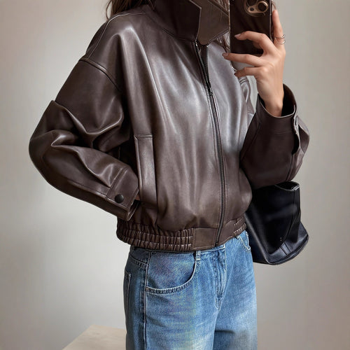 Helvano | Damen-Lederjacke mit langen Ärmeln in Dunkelbraun