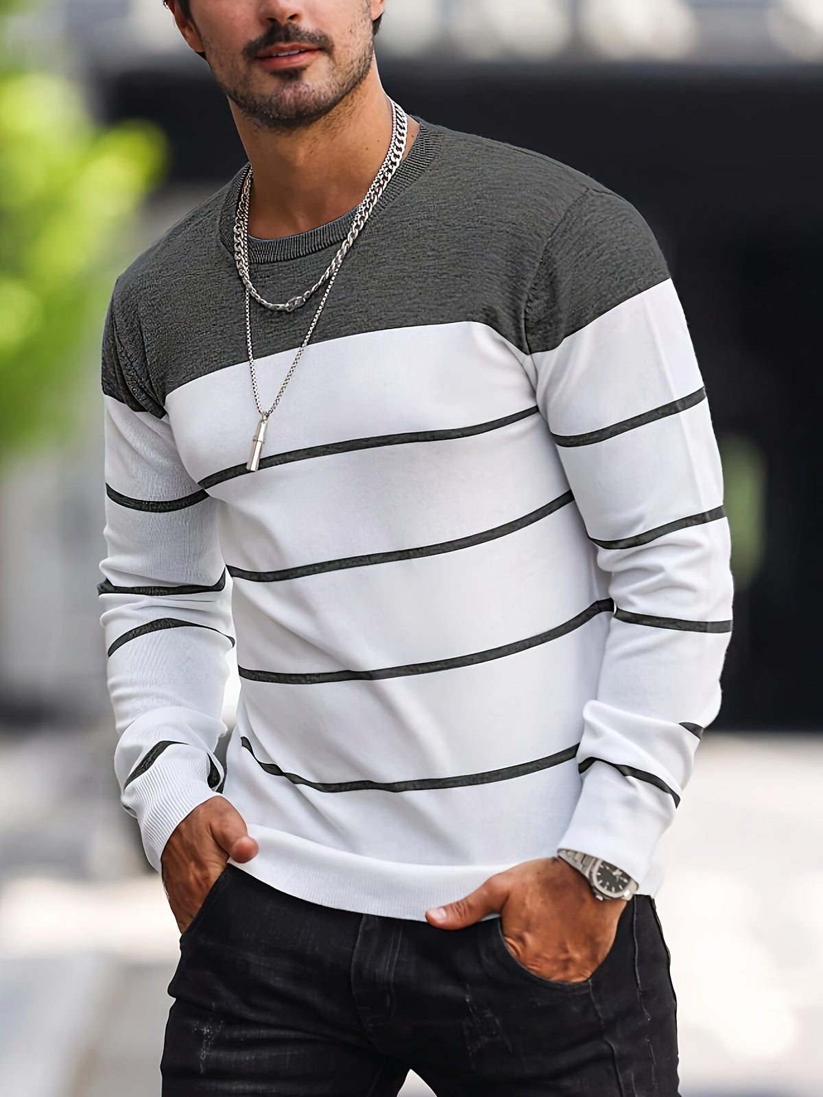 Helvano | Gestreifter Strickpullover mit Rundhals für Herren