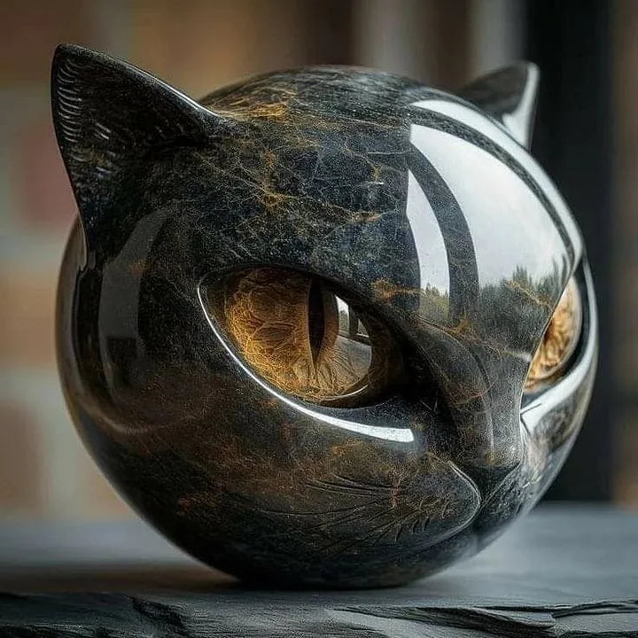 Helvano | Schwarze Katzenkopf-Skulptur mit hypnotischen Augen