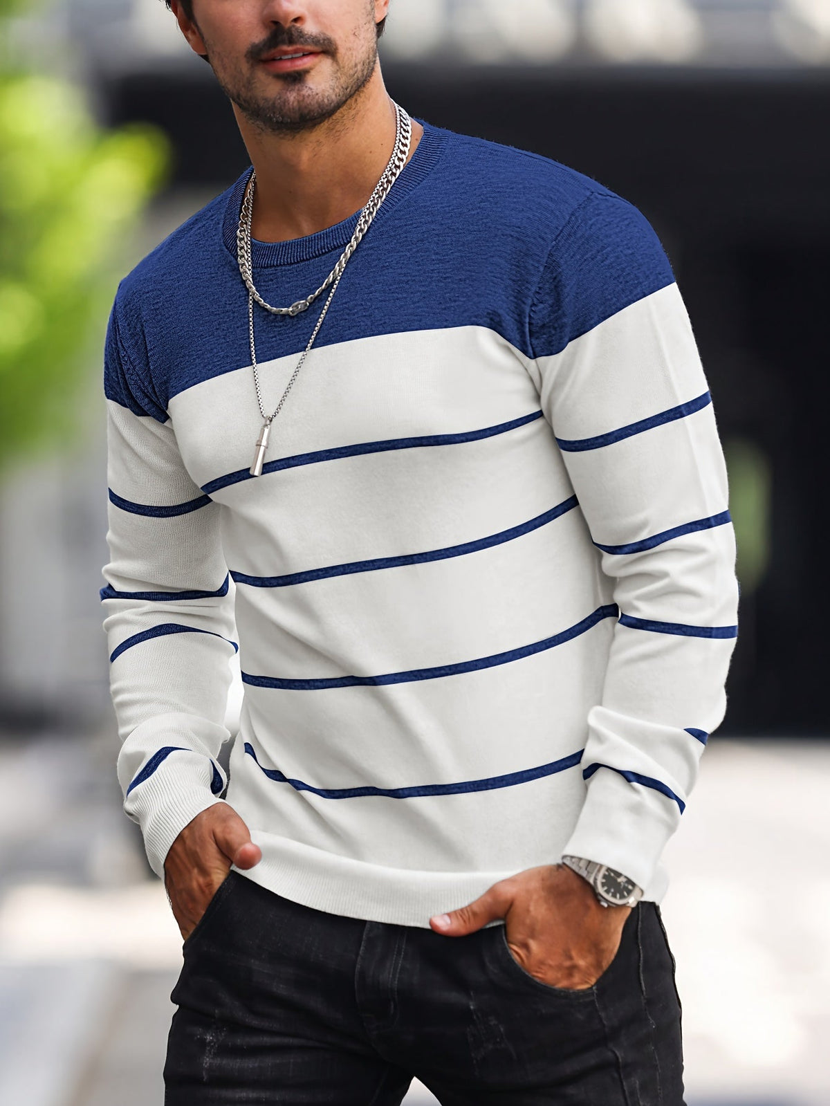 Helvano | Gestreifter Strickpullover mit Rundhals für Herren
