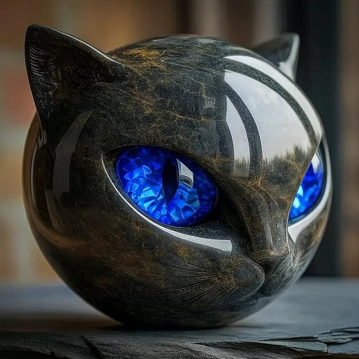 Helvano | Schwarze Katzenkopf-Skulptur mit hypnotischen Augen