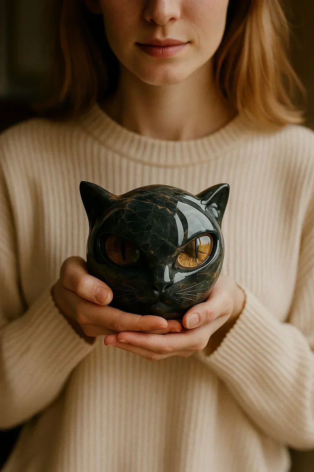 Helvano | Schwarze Katzenkopf-Skulptur mit hypnotischen Augen