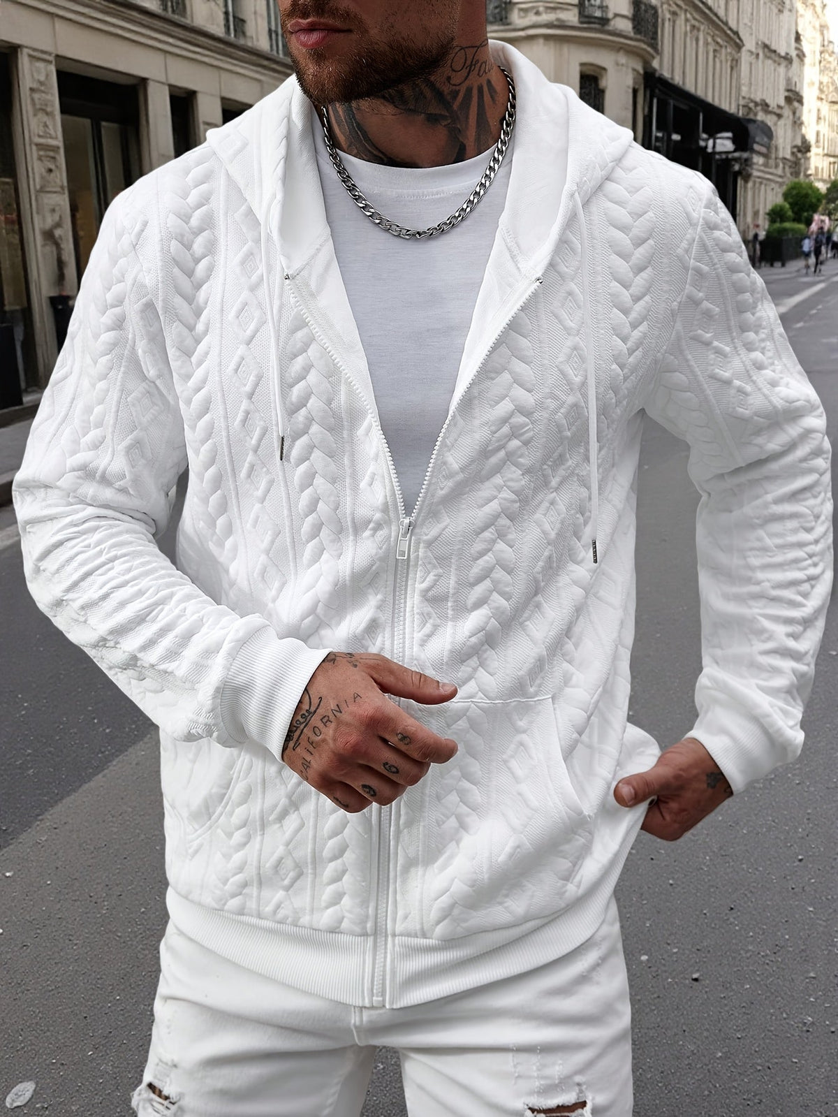 Helvano | Herren Strick-Hoodie mit geometrischem Muster in Weiss