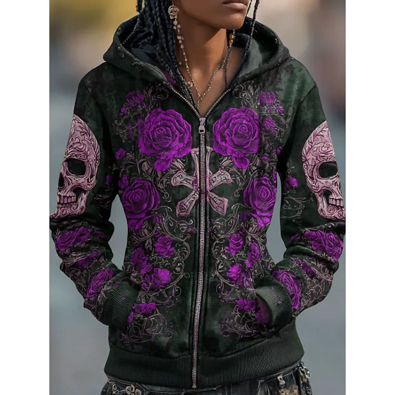 Helvano | Unisex Zip Hoodie mit Totenkopf &amp; Rosen