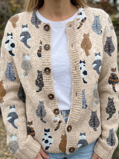 Helvano | Damen Strickjacke mit Katzenmotiv