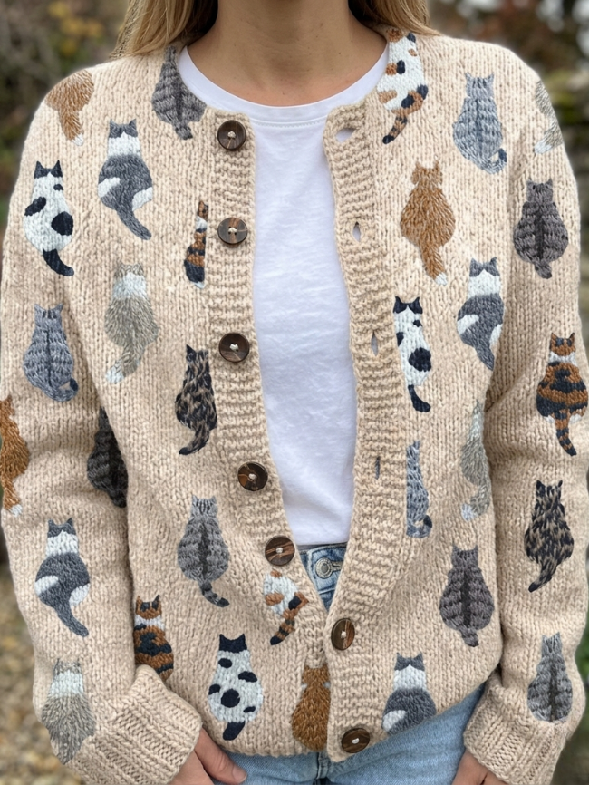 Helvano | Damen Strickjacke mit Katzenmotiv