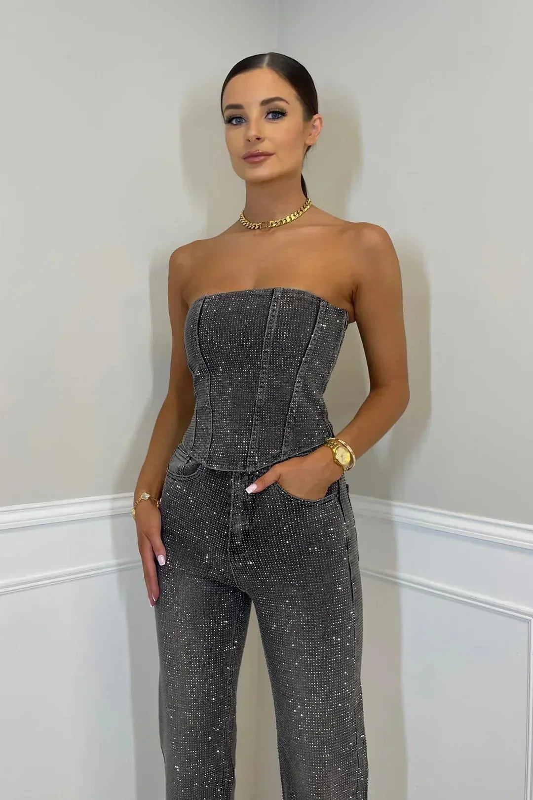 Helvano | Damen Hosenset mit High-Waist-Jeans und Glitzer