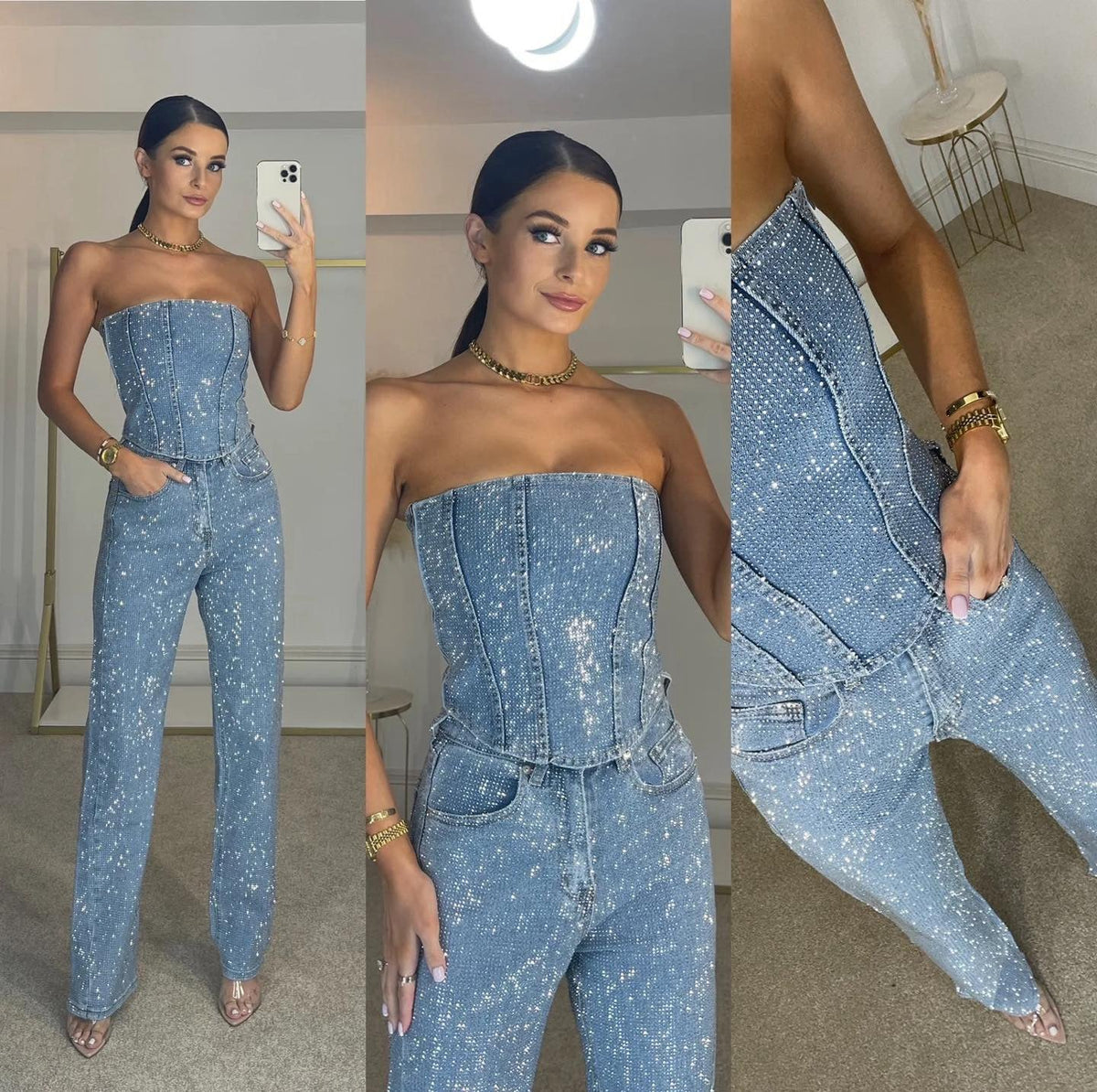 Helvano | Damen Hosenset mit High-Waist-Jeans und Glitzer