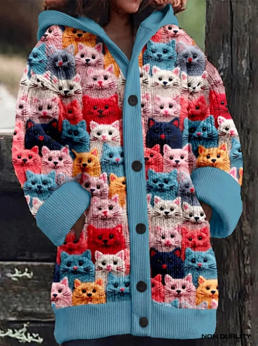 Helvano | Bunte Damen-Strickjacke mit Katzenmotiv