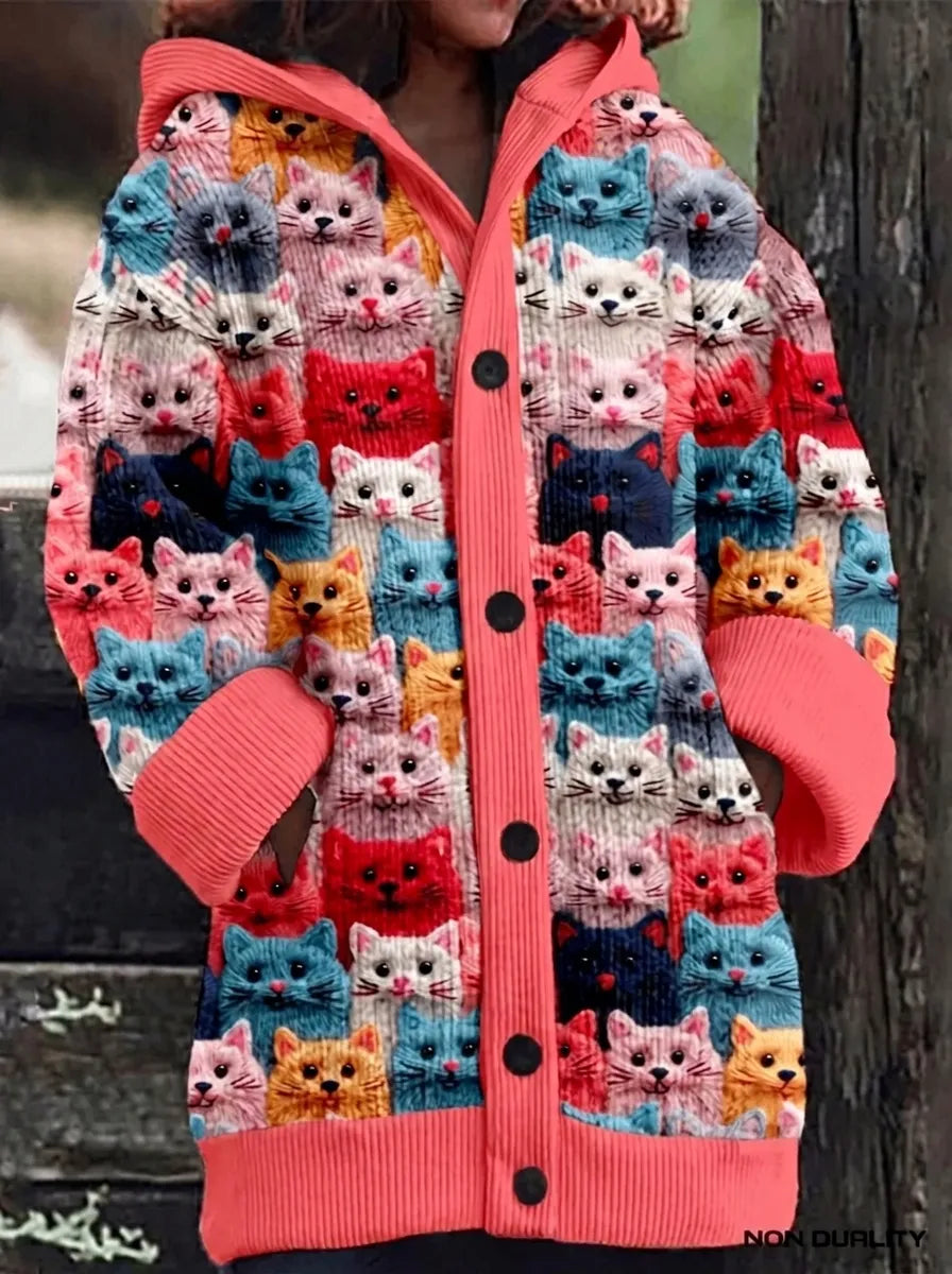 Helvano | Bunte Damen-Strickjacke mit Katzenmotiv