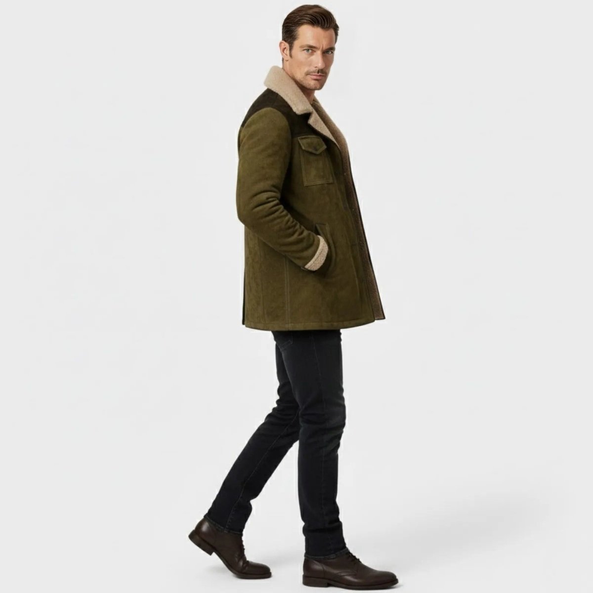 Helvano | Wildleder-Herrenjacke mit Lammfell und Kragen