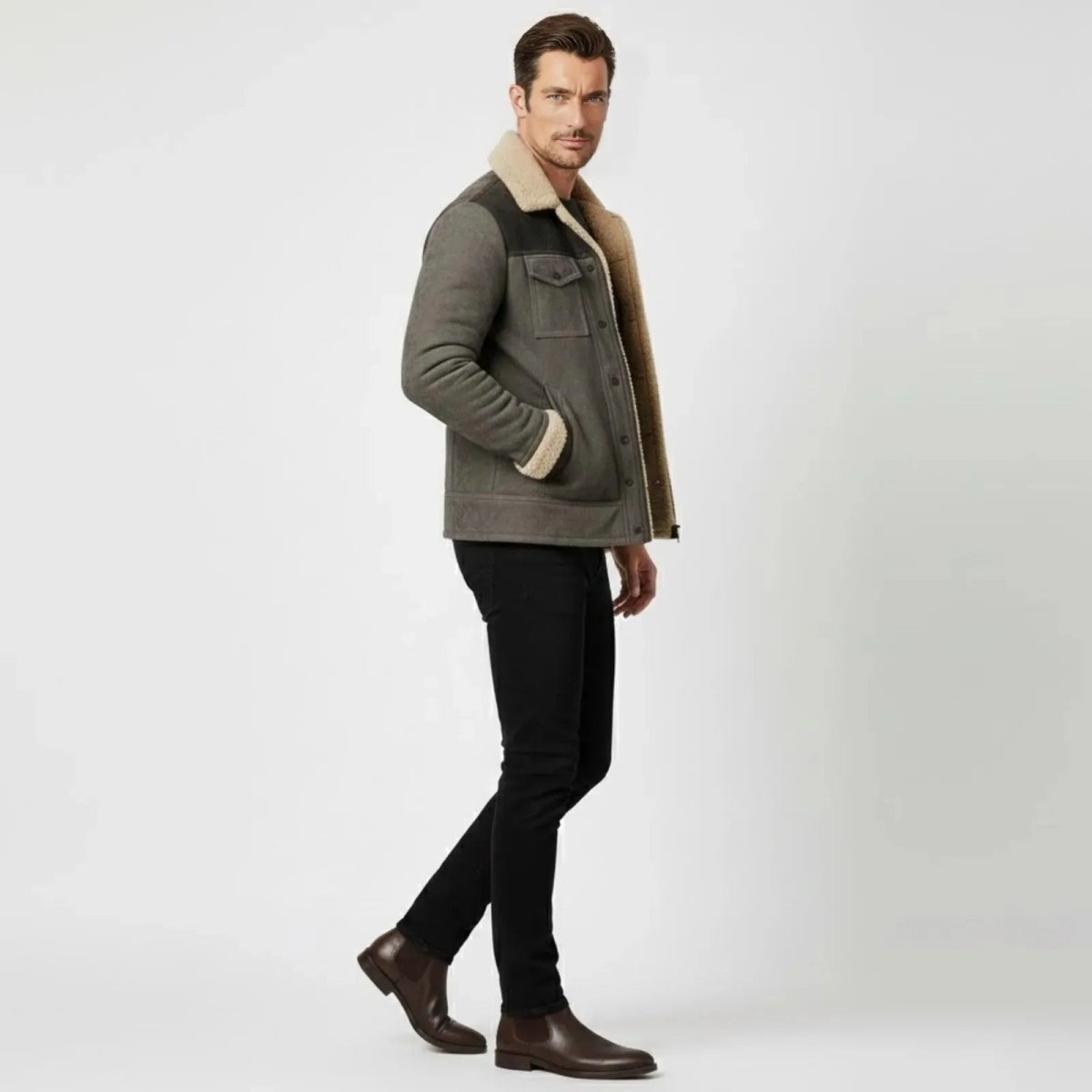 Helvano | Wildleder-Herrenjacke mit Lammfell und Kragen