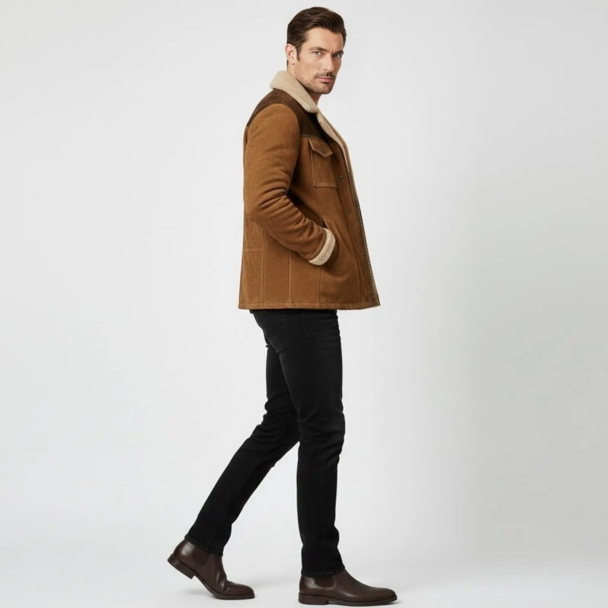 Helvano | Wildleder-Herrenjacke mit Lammfell und Kragen