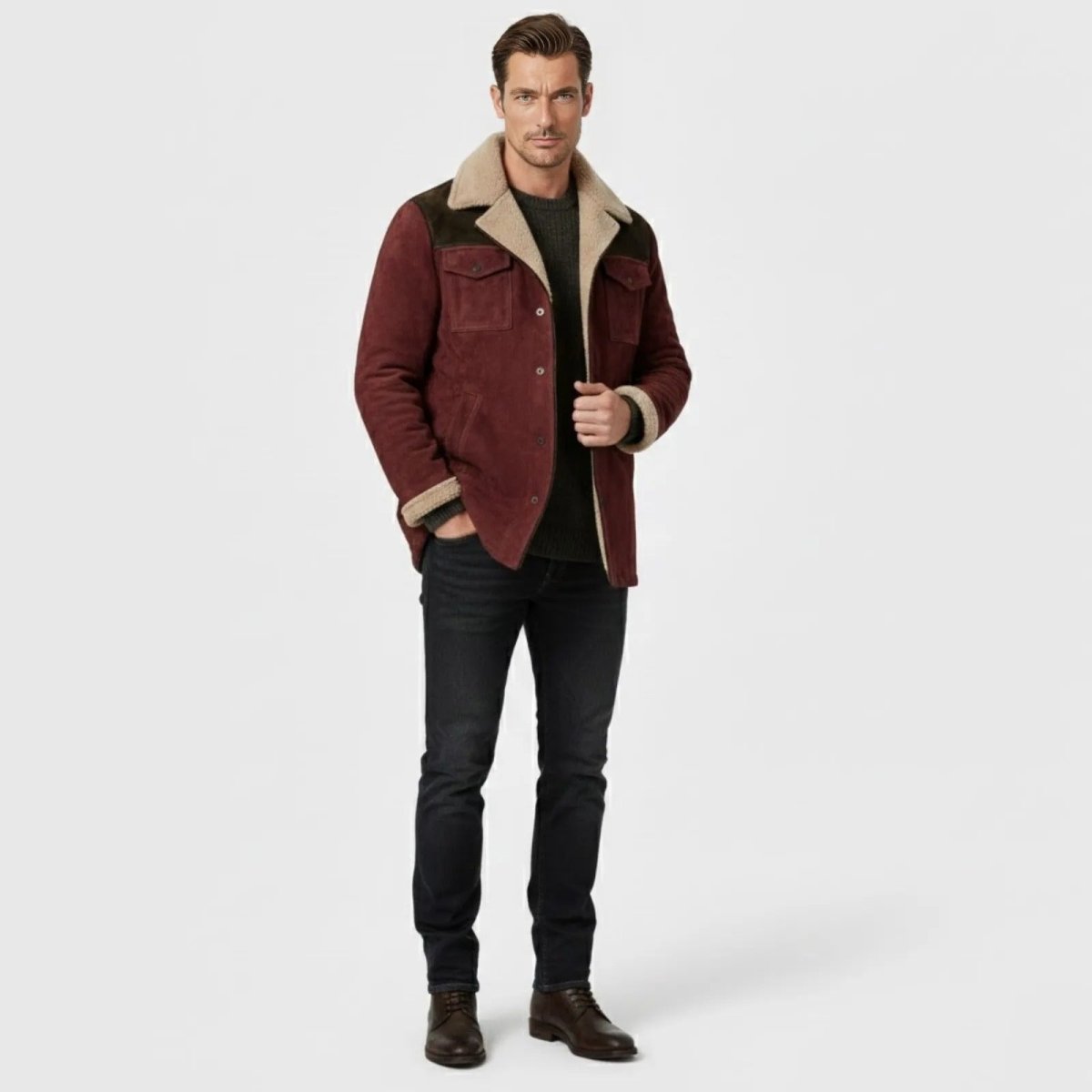 Helvano | Wildleder-Herrenjacke mit Lammfell und Kragen