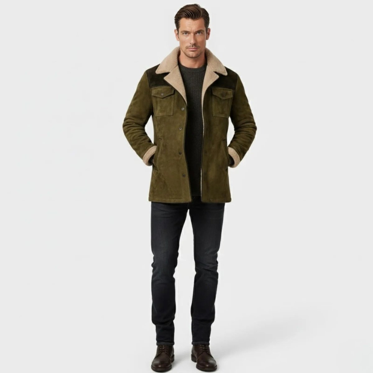 Helvano | Wildleder-Herrenjacke mit Lammfell und Kragen