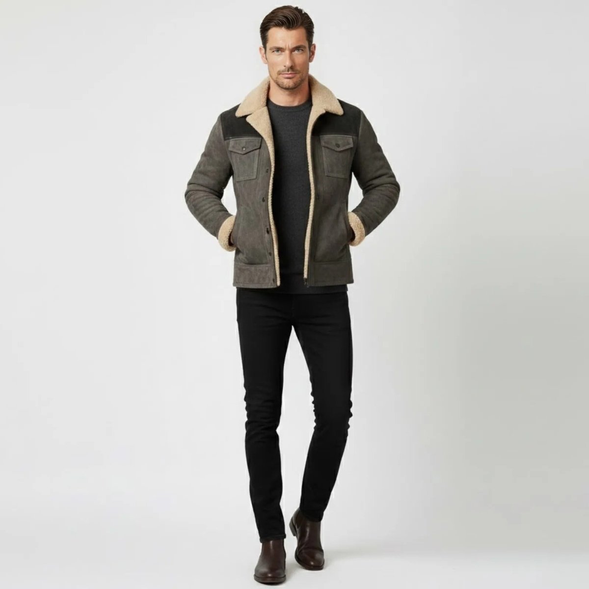 Helvano | Wildleder-Herrenjacke mit Lammfell und Kragen
