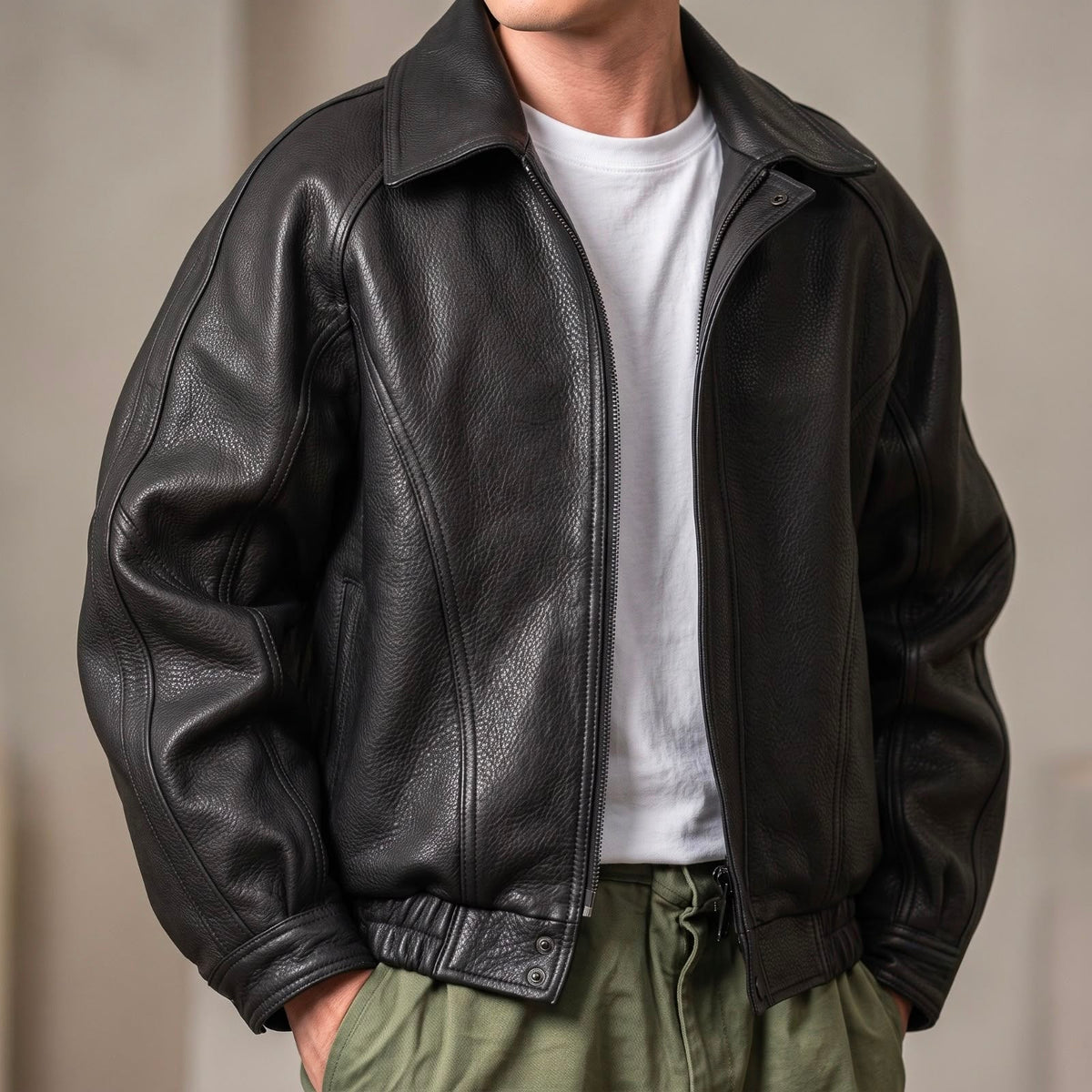 Helvano | Herren Lederjacke mit Kragen und Reissverschluss