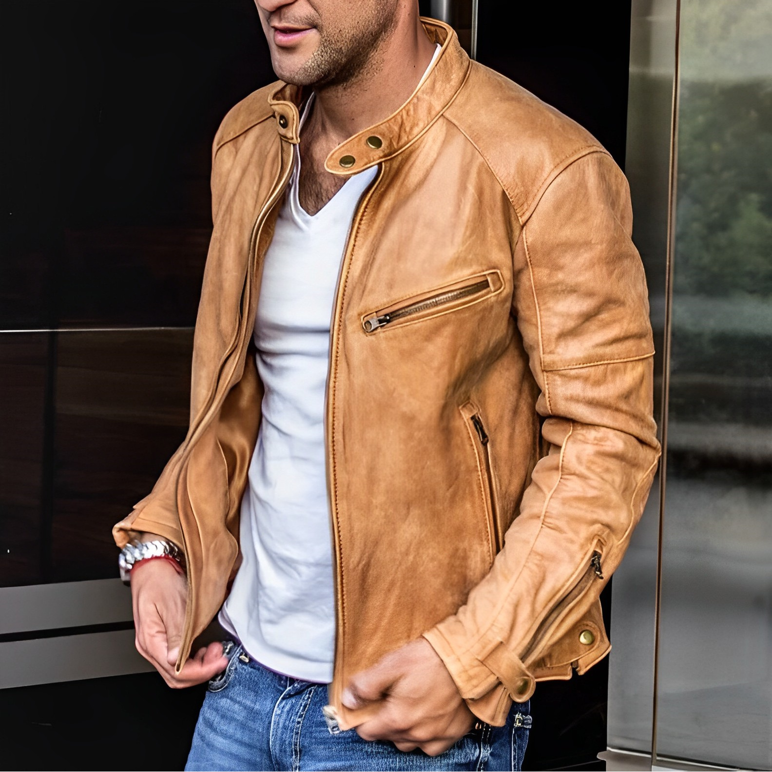 Helvano | Herren-Lederjacke mit Stehkragen, Reissverschluss
