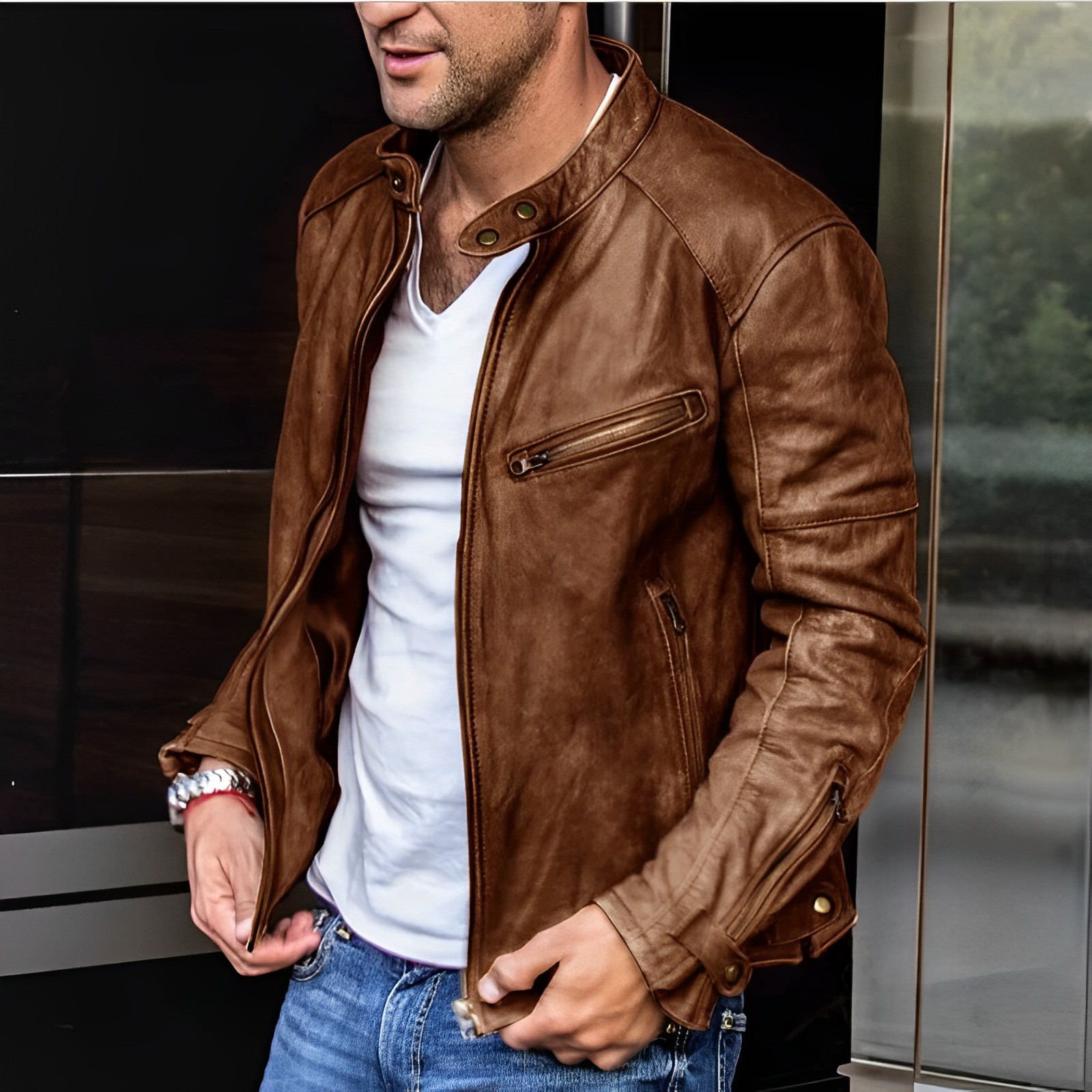 Helvano | Herren-Lederjacke mit Stehkragen, Reissverschluss
