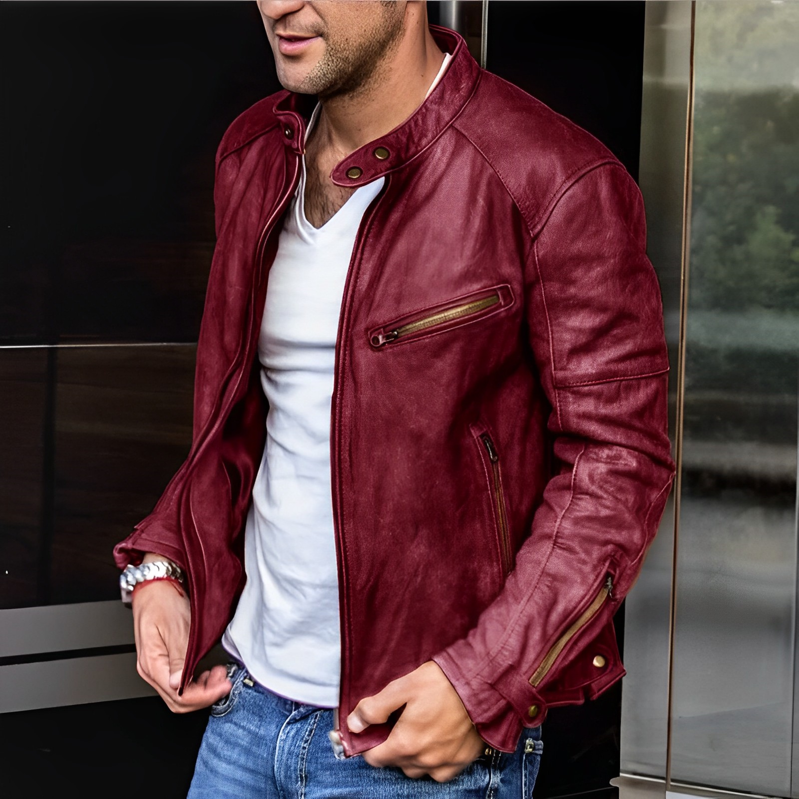 Helvano | Herren-Lederjacke mit Stehkragen, Reissverschluss