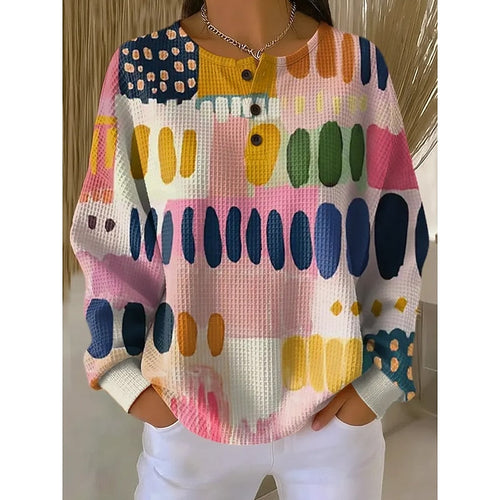 Helvano | Damen Print-Sweatshirt mit Knopfausschnitt