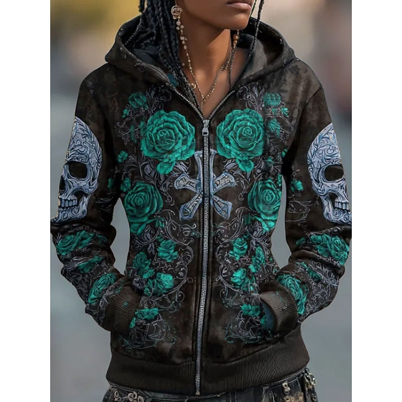 Helvano | Unisex Zip Hoodie mit Totenkopf &amp; Rosen