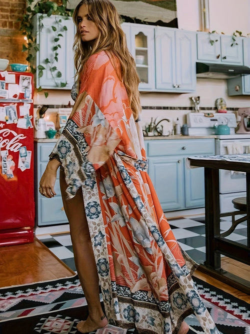 Helvano | Kimono mit rotem Blumenprint für Damen