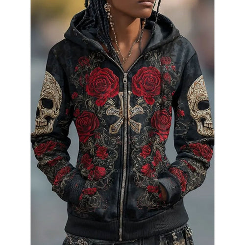 Helvano | Unisex Zip Hoodie mit Totenkopf & Rosen