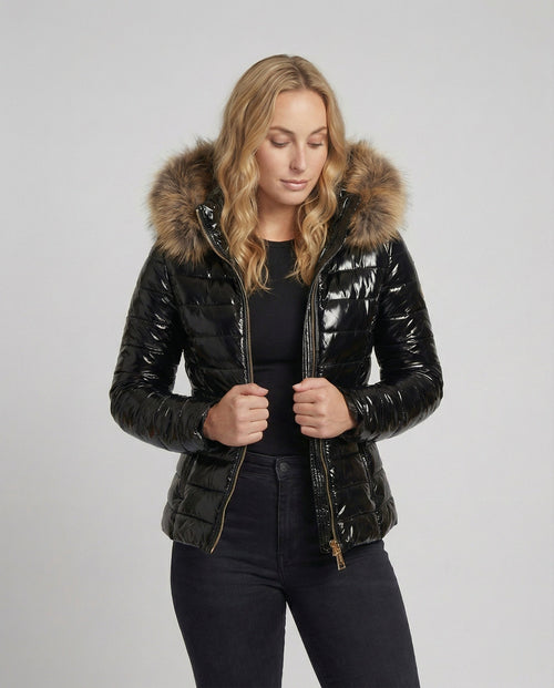 Helvano | Damen Puffermantel mit Fellkapuze in Schwarz