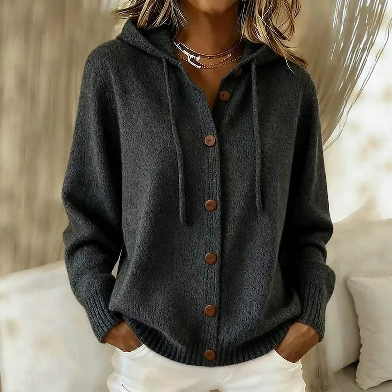 Helvano | Damen Strickjacke mit Kapuze und Knopfleiste