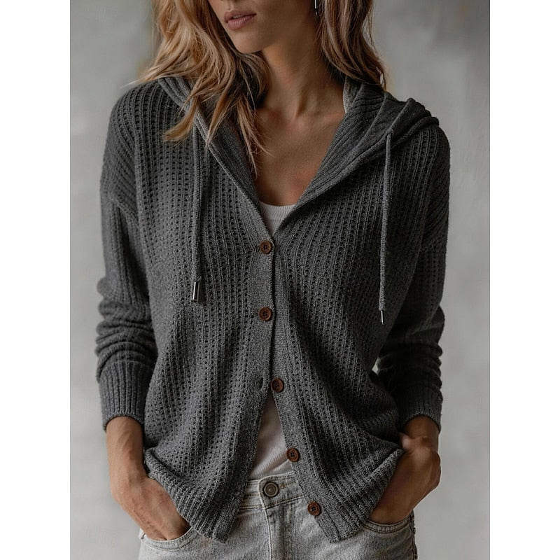 Helvano | Damen Strickjacke mit Kapuze und Knopfleiste