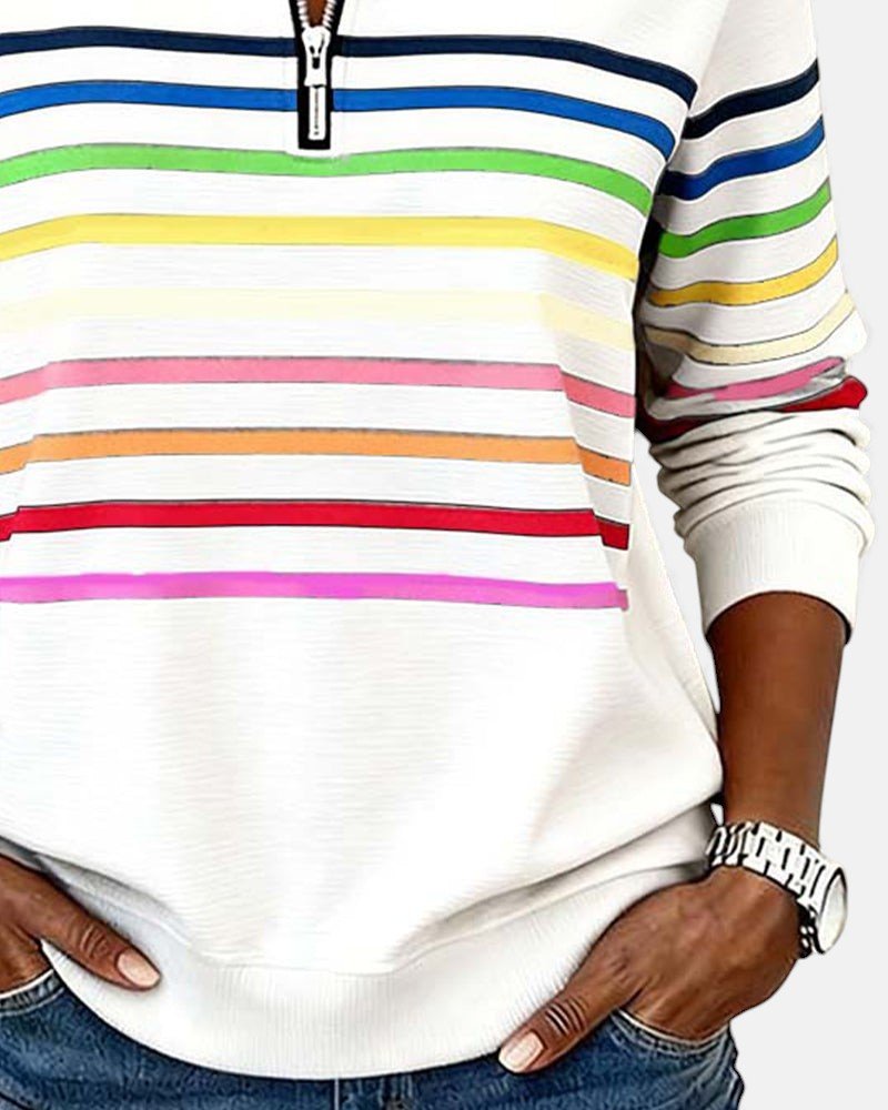 Helvano | Damen Sweatshirt mit kurzem Reissverschluss gestreift