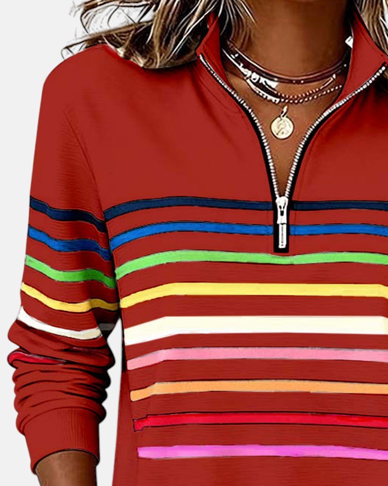 Helvano | Damen Sweatshirt mit kurzem Reissverschluss gestreift