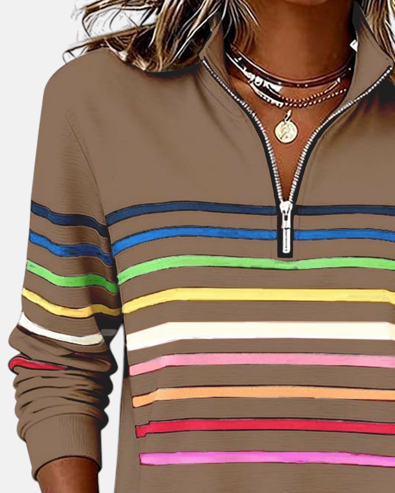Helvano | Damen Sweatshirt mit kurzem Reissverschluss gestreift