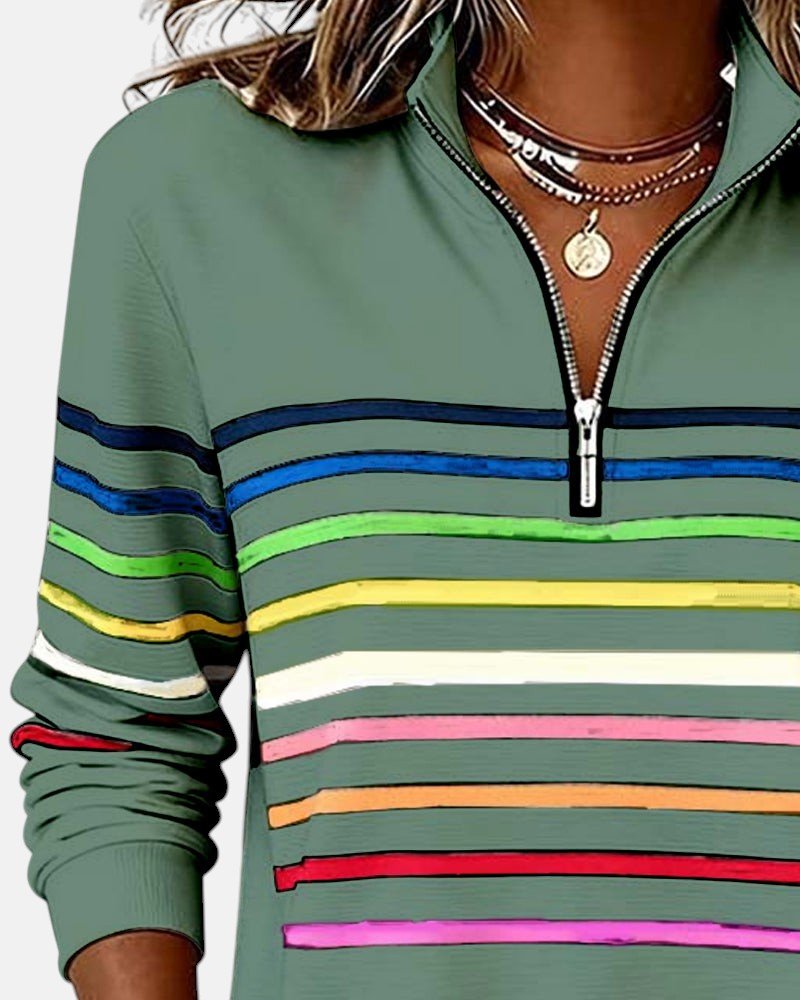 Helvano | Damen Sweatshirt mit kurzem Reissverschluss gestreift