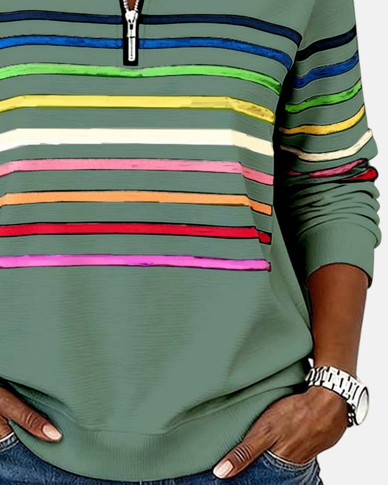Helvano | Damen Sweatshirt mit kurzem Reissverschluss gestreift