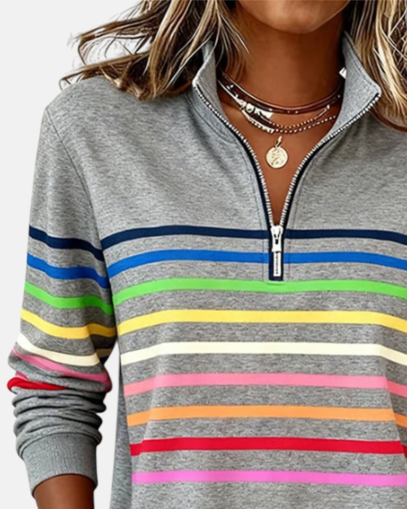 Helvano | Damen Sweatshirt mit kurzem Reissverschluss gestreift